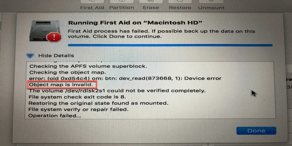 APFS object map is invalid