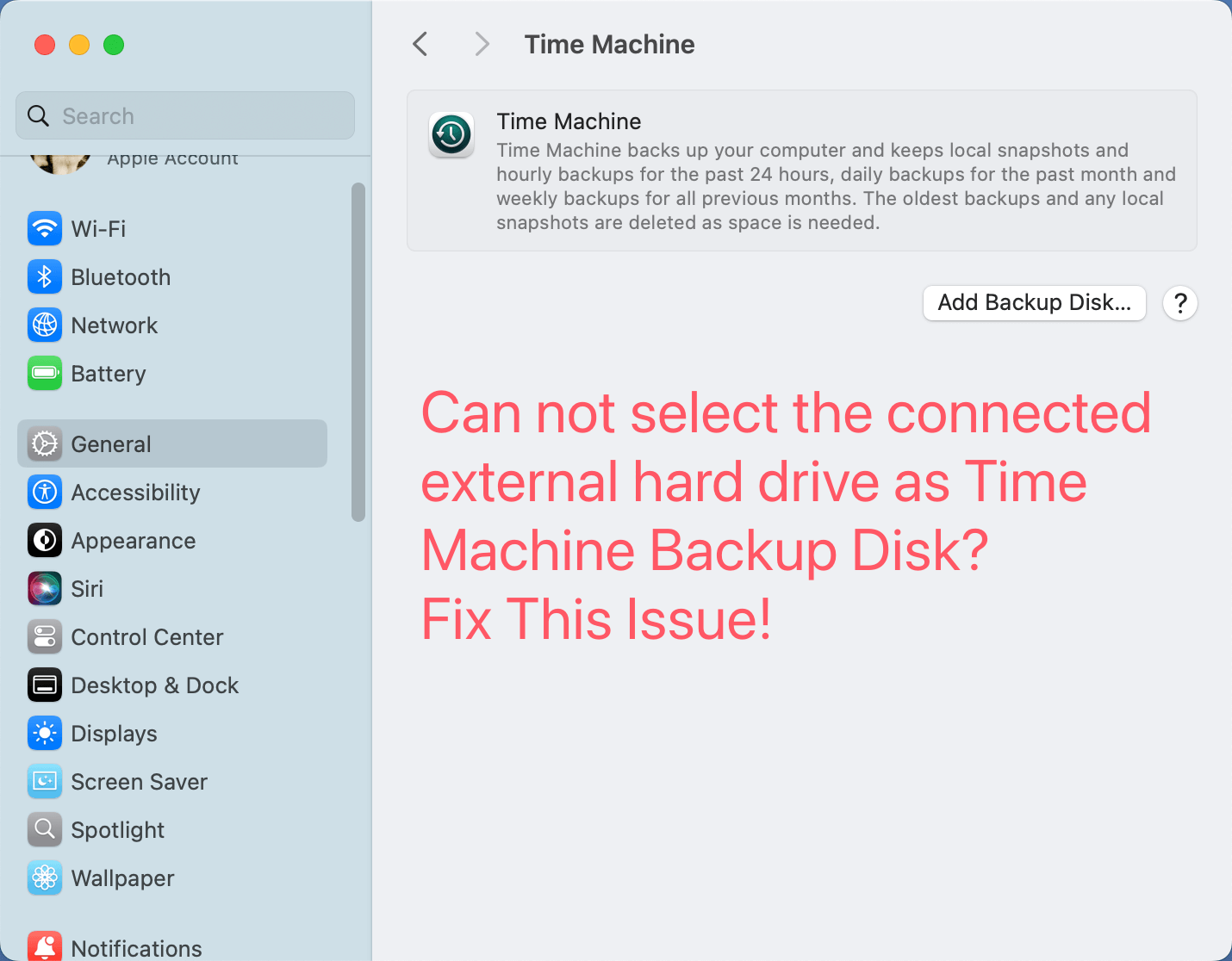 Can't Select an External Hard Drive for Time Machine Backup Disk