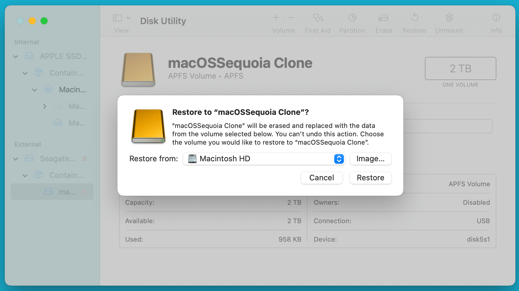 Cloning your macOS Sequoia to an external hard drive