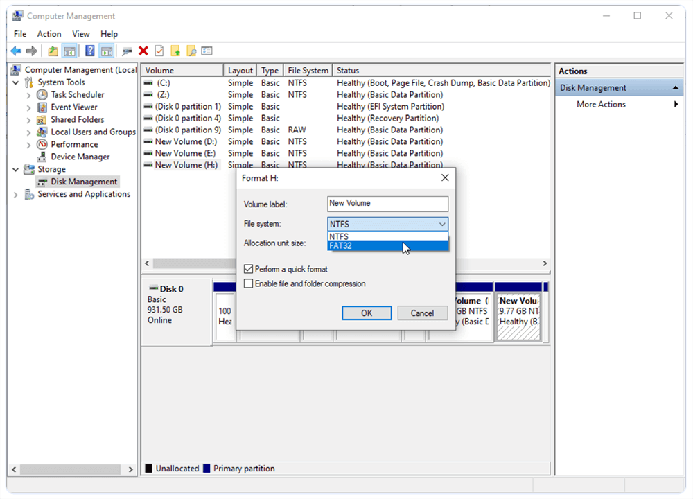 Choose NTFS or FAT32 as the file system
