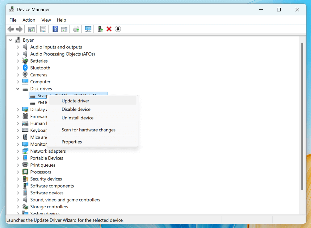 select Update Driver and adhere to the instructions