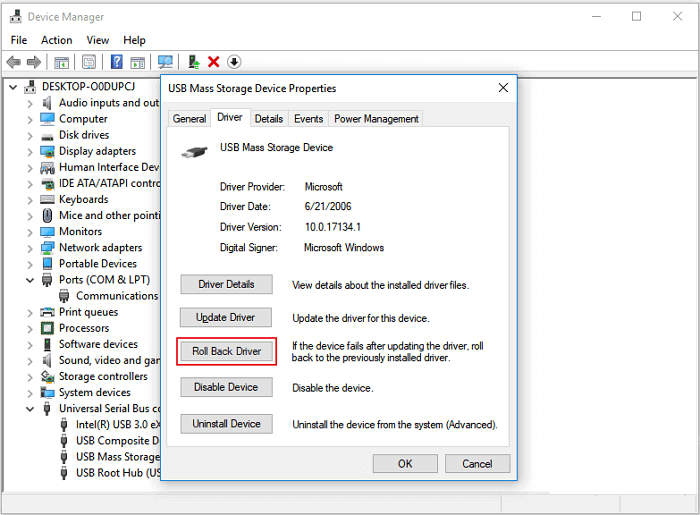 Select Roll Back Driver
