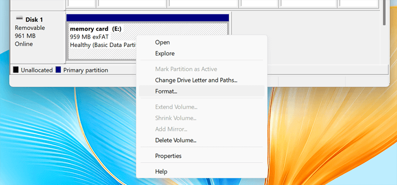 Right-click the memory card and select Format