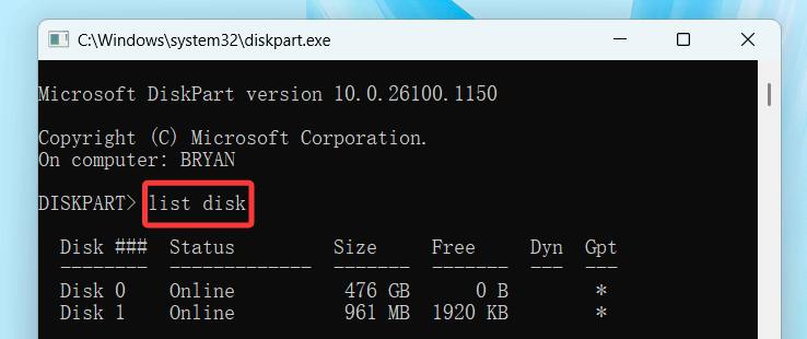 type list disk and hit Enter