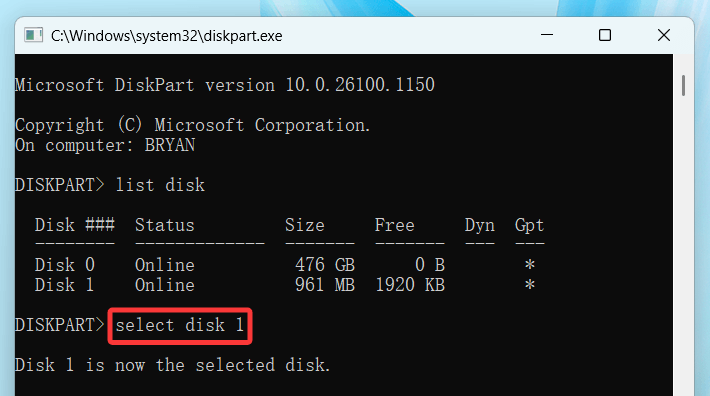 Type select disk X