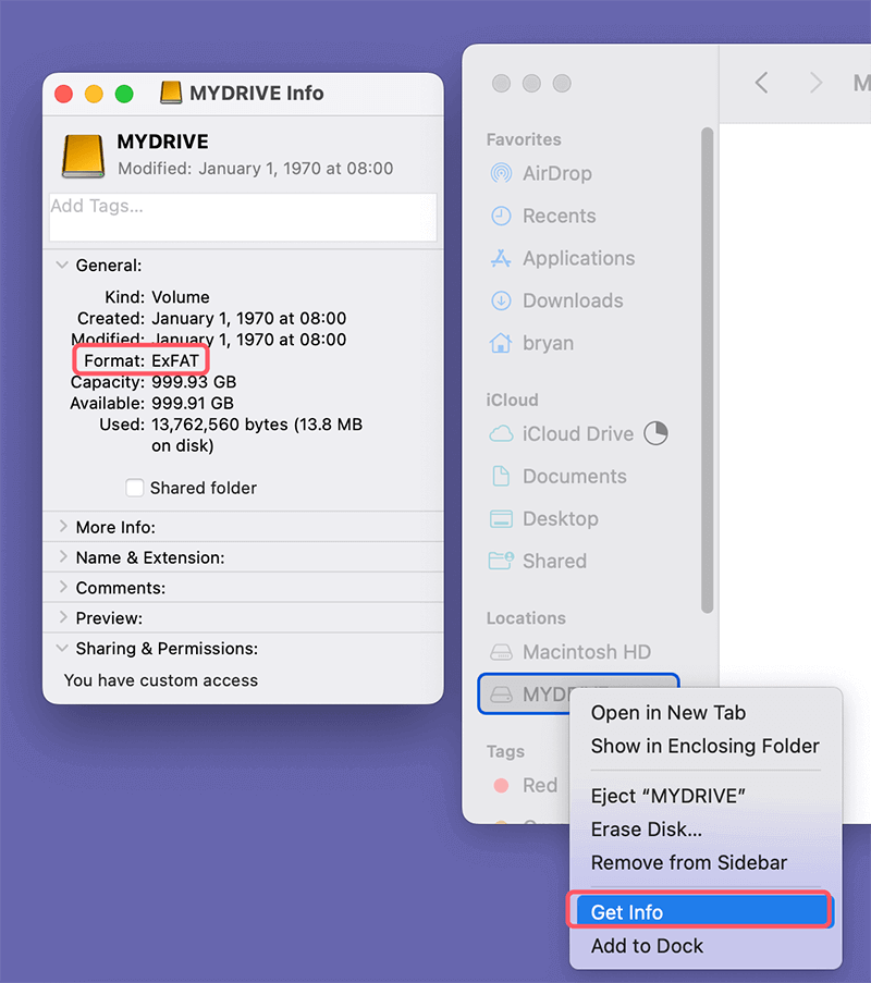 verify the drive format in Finder
