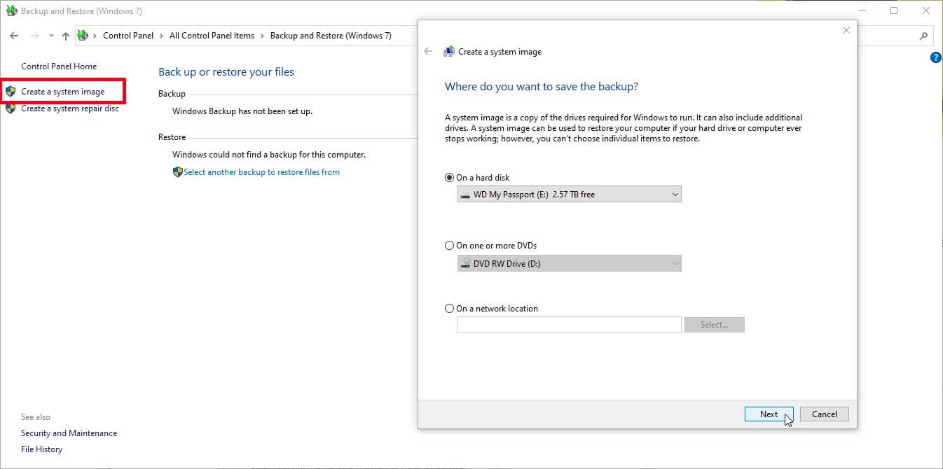 select where to save the system image