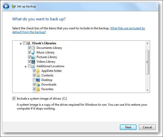 Select the data to backup