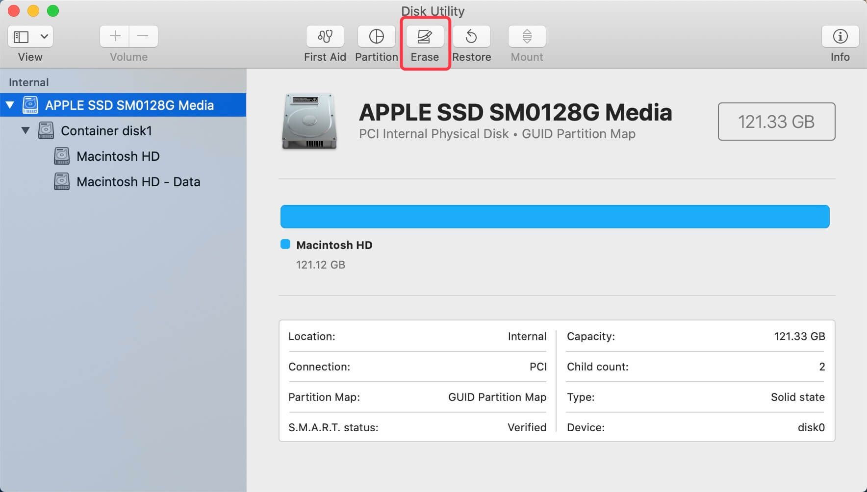 Choose Erase to format Mac disk