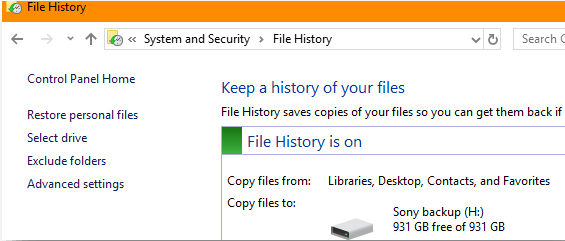 Type File History into the search bar
