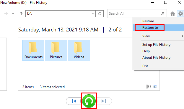 click the Restore button