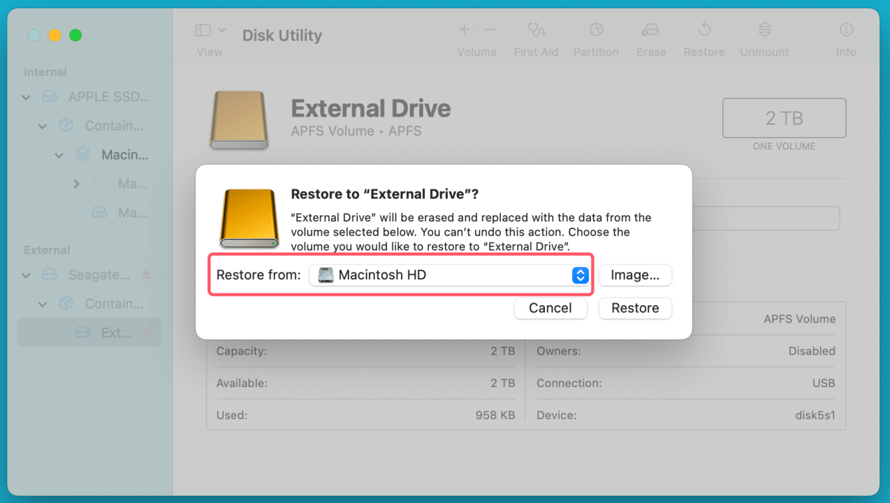 perform a 1:1 disk copy on macOS Sequoia