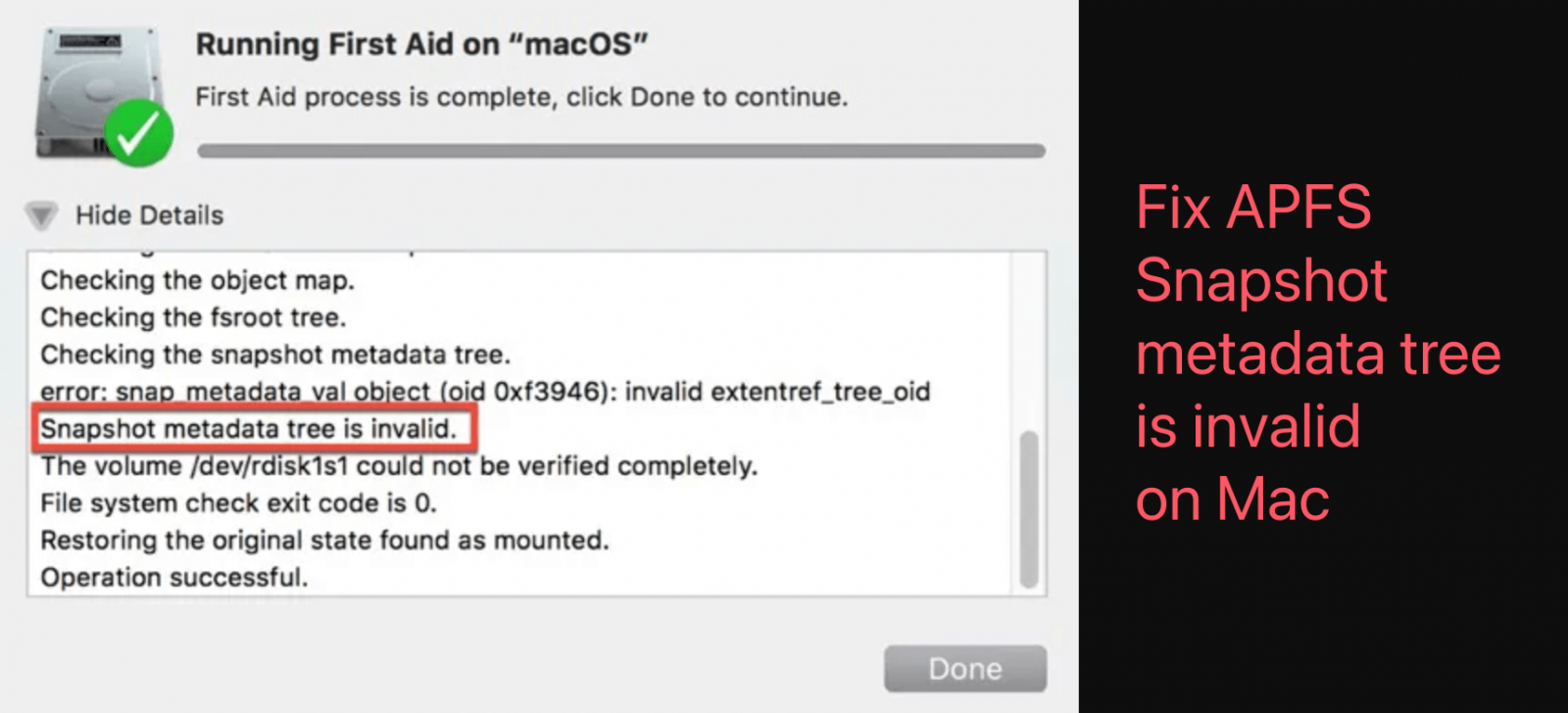 APFS snapshot metadata tree is invalid