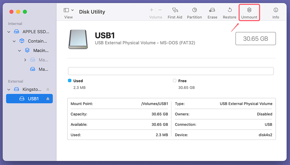 Press the Unmount button to unmount