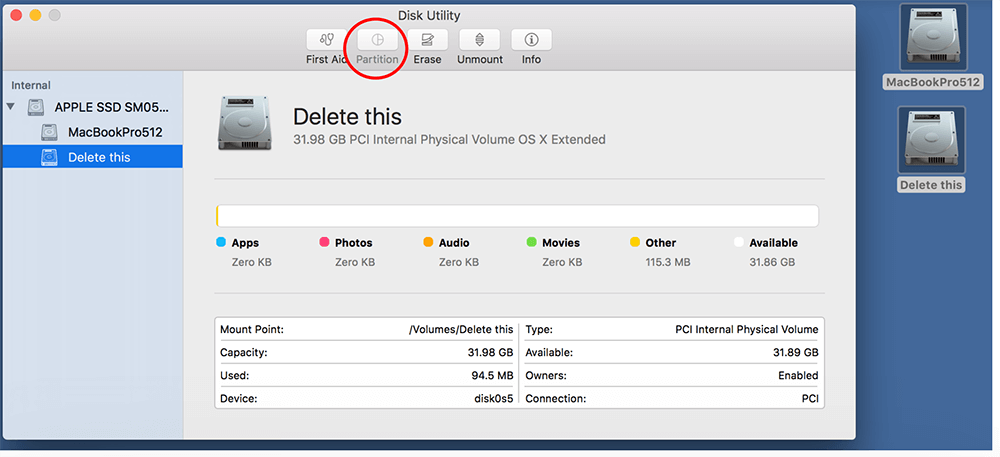 Disk Utility partition tab greyed out