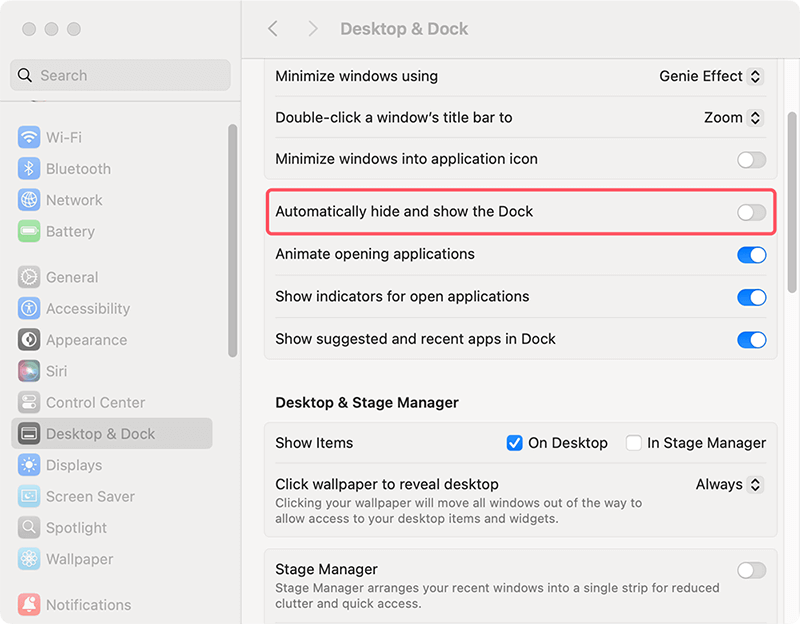Open Dock & Menu Bar or Desktop & Dock