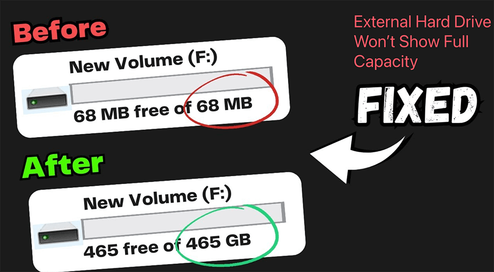 external hard drive won't show full capacity