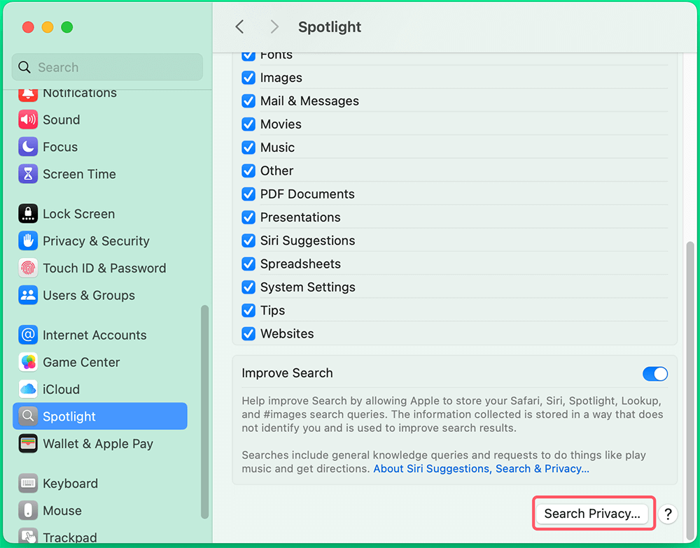 Click Search Privacy at the very bottom