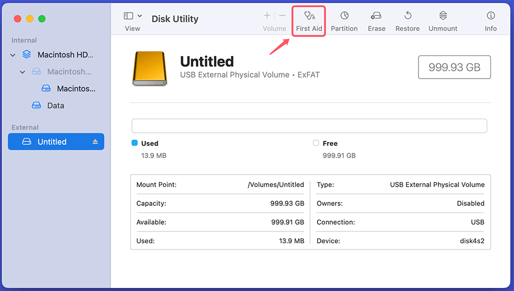 Select the drive and then click on the First Aid button