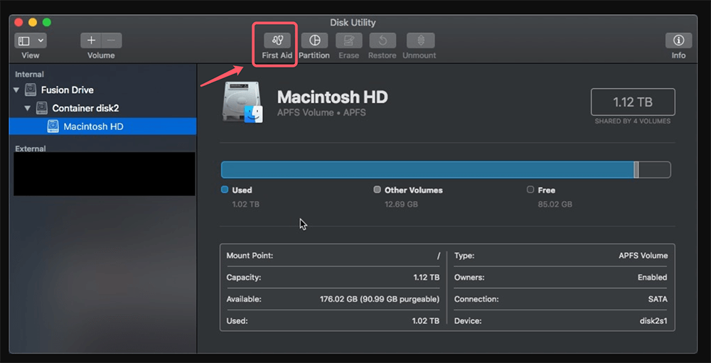 Select each drive and click First Aid to repair them