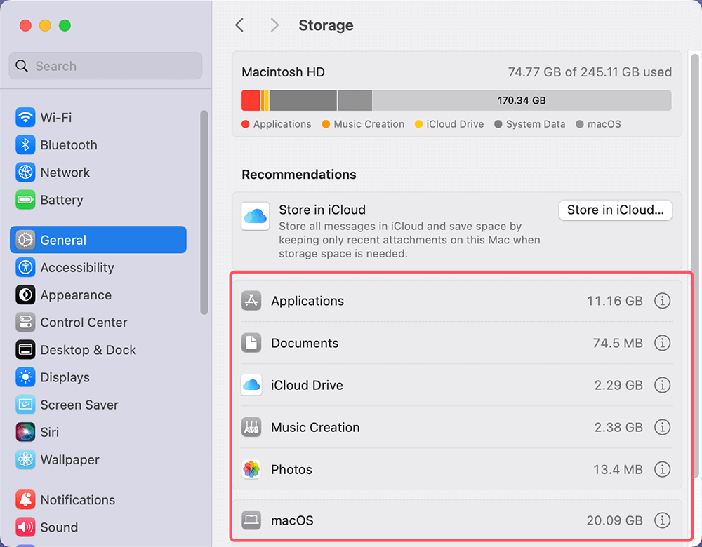 Look at the available storage
