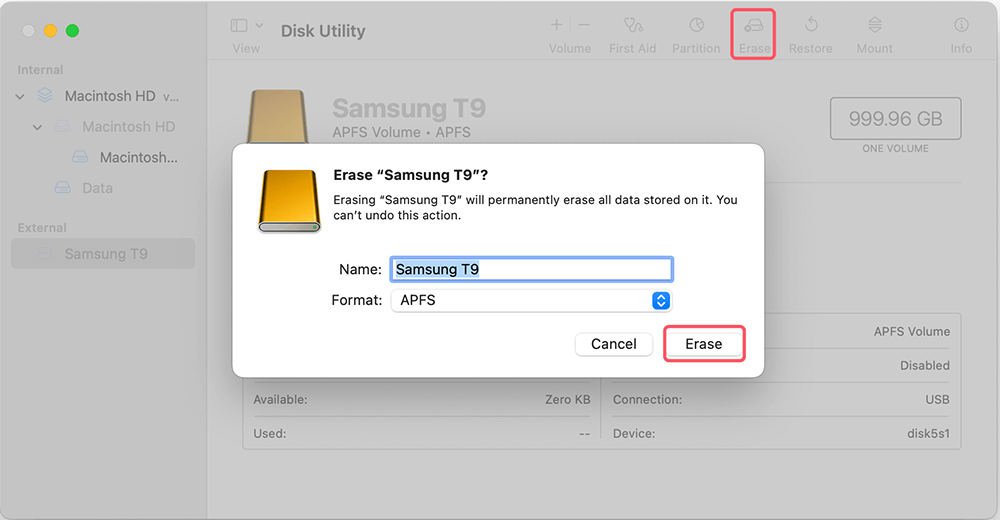 Format the Unmounted Samsung SSD T9 on Mac