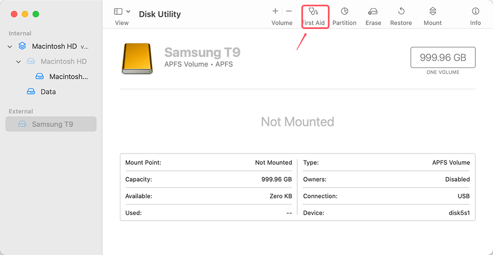 Fix Samsung SSD T9 Not Detected Errors with First Aid