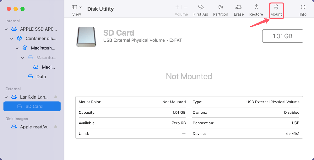 Force Mount the SD Card Using Disk Utility