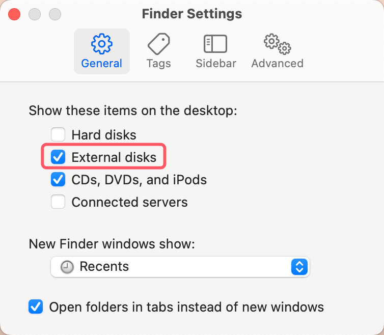 Open Finder Settings window, and click General