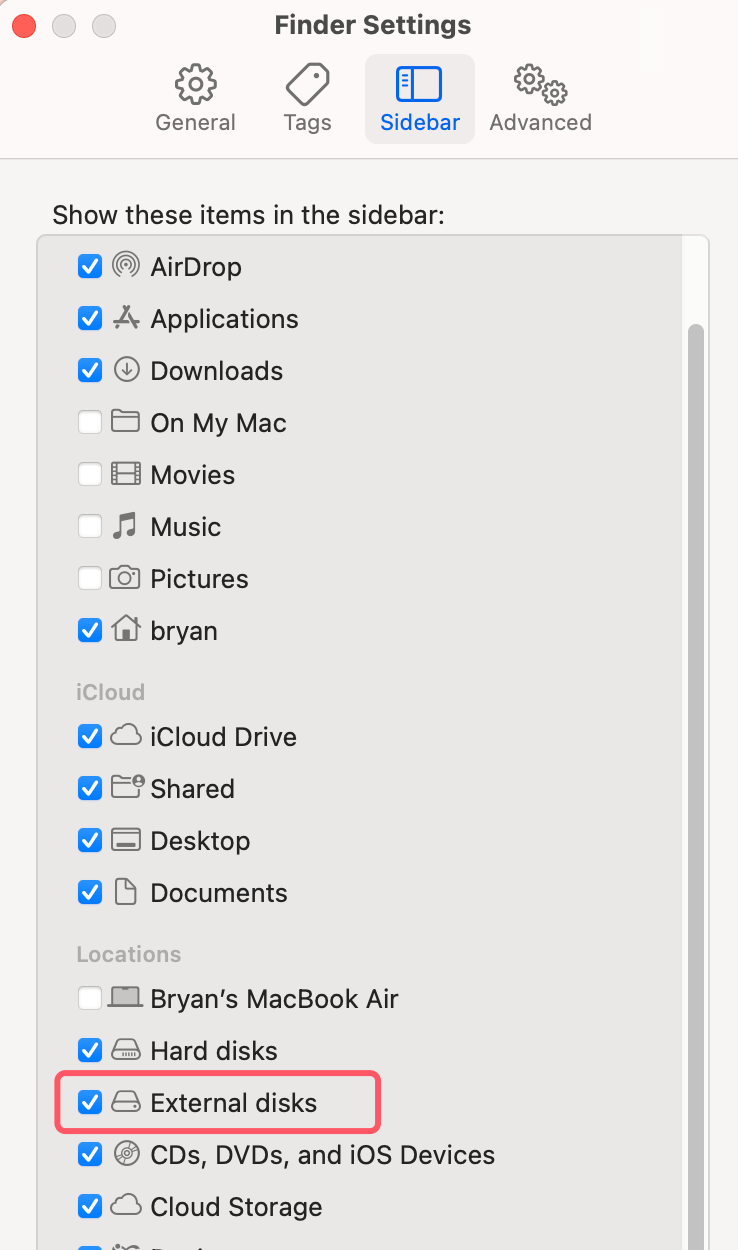 select External disks