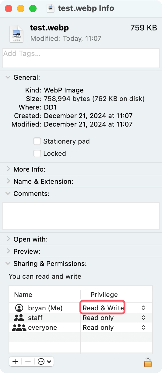 Inspect the Sharing & Permissions section