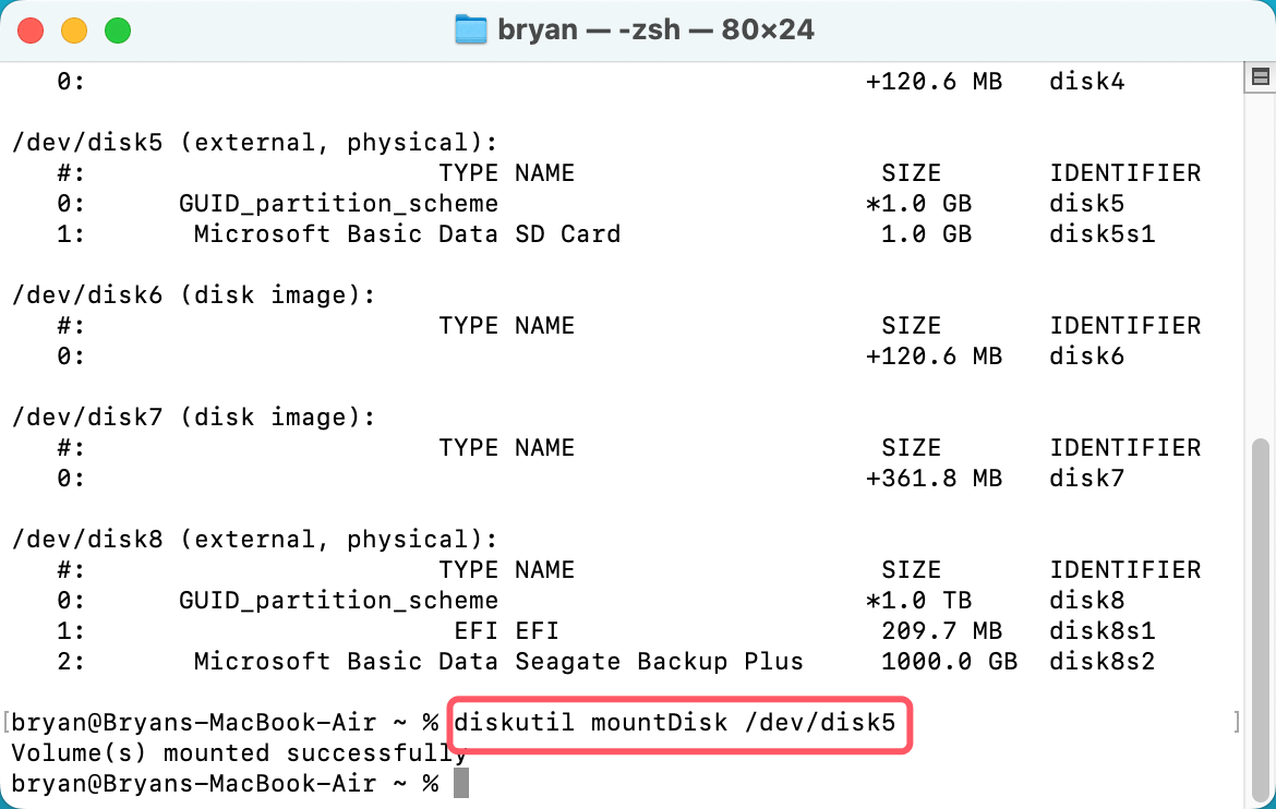 Type diskutil mountDisk to mount the Seagate Backup Plus
