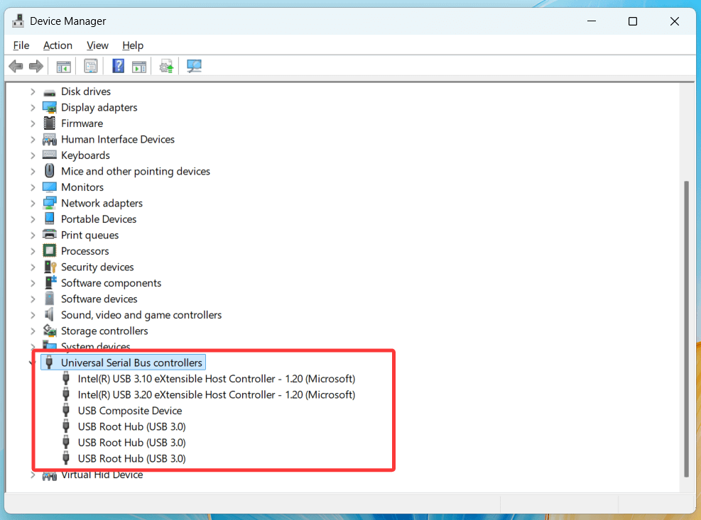 Make the section on 'Universal Serial Bus controllers' larger.