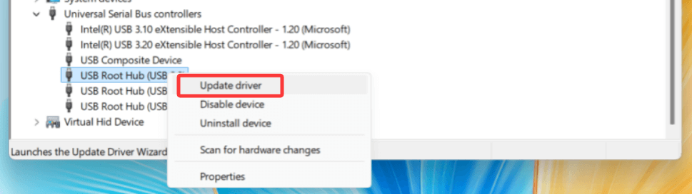Choose Update driver by right-clicking on each USB device