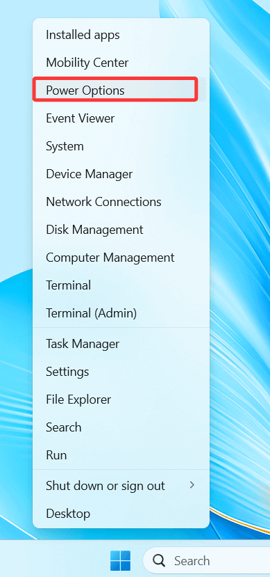 Right-click Start button, then choose Power Options