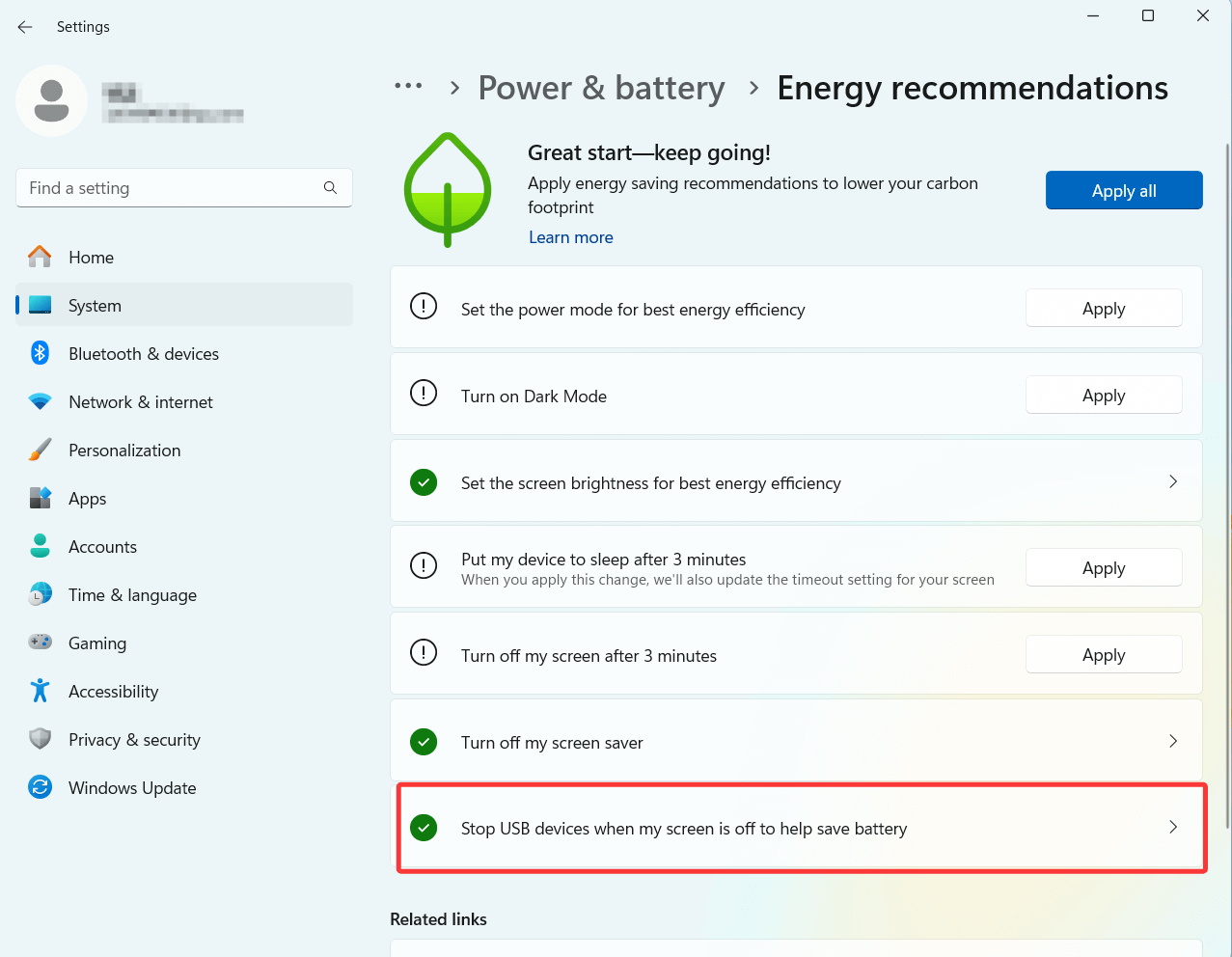 Click Stop USB devices when my screen is off to help save battery