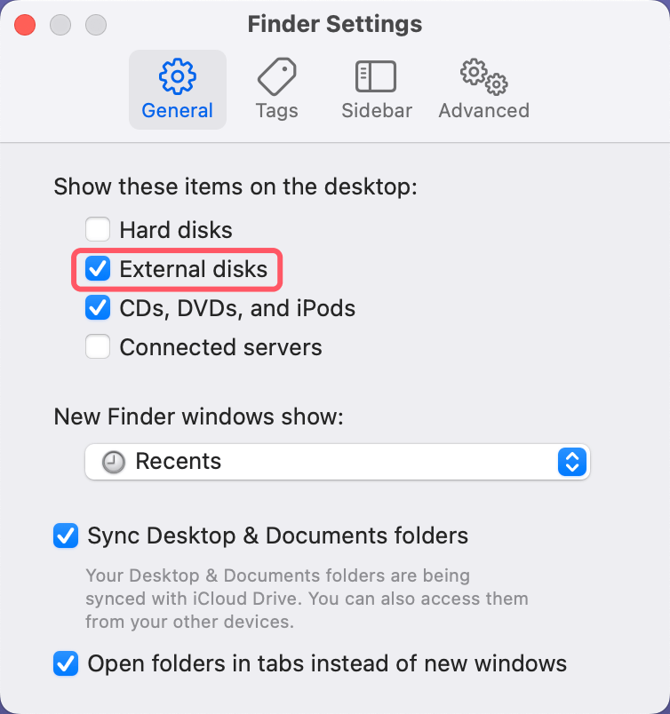 External disks is checked