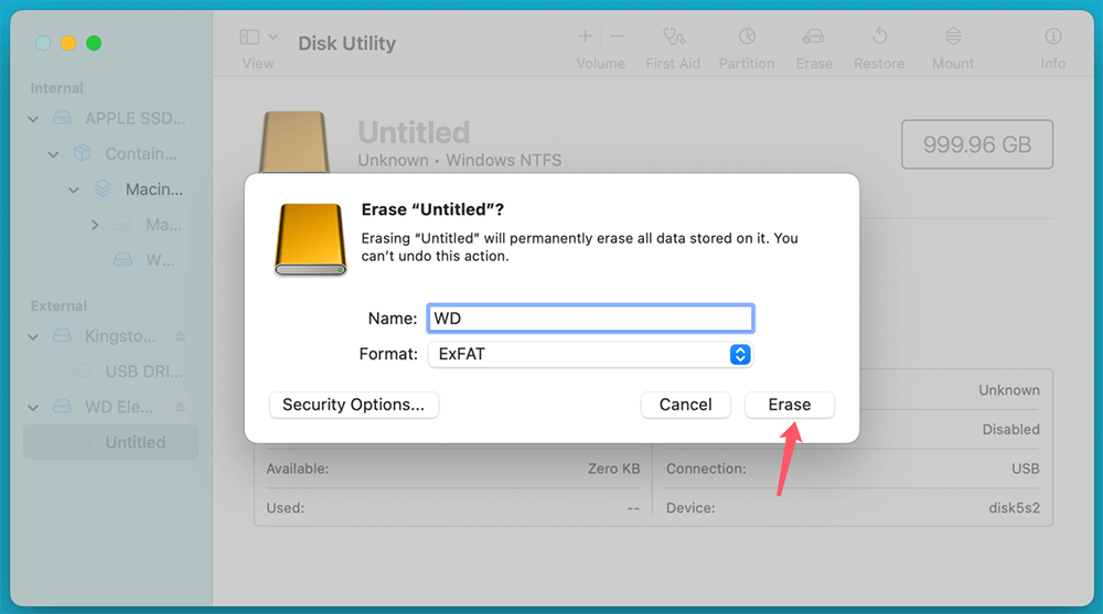 Give the drive a name and click Erase