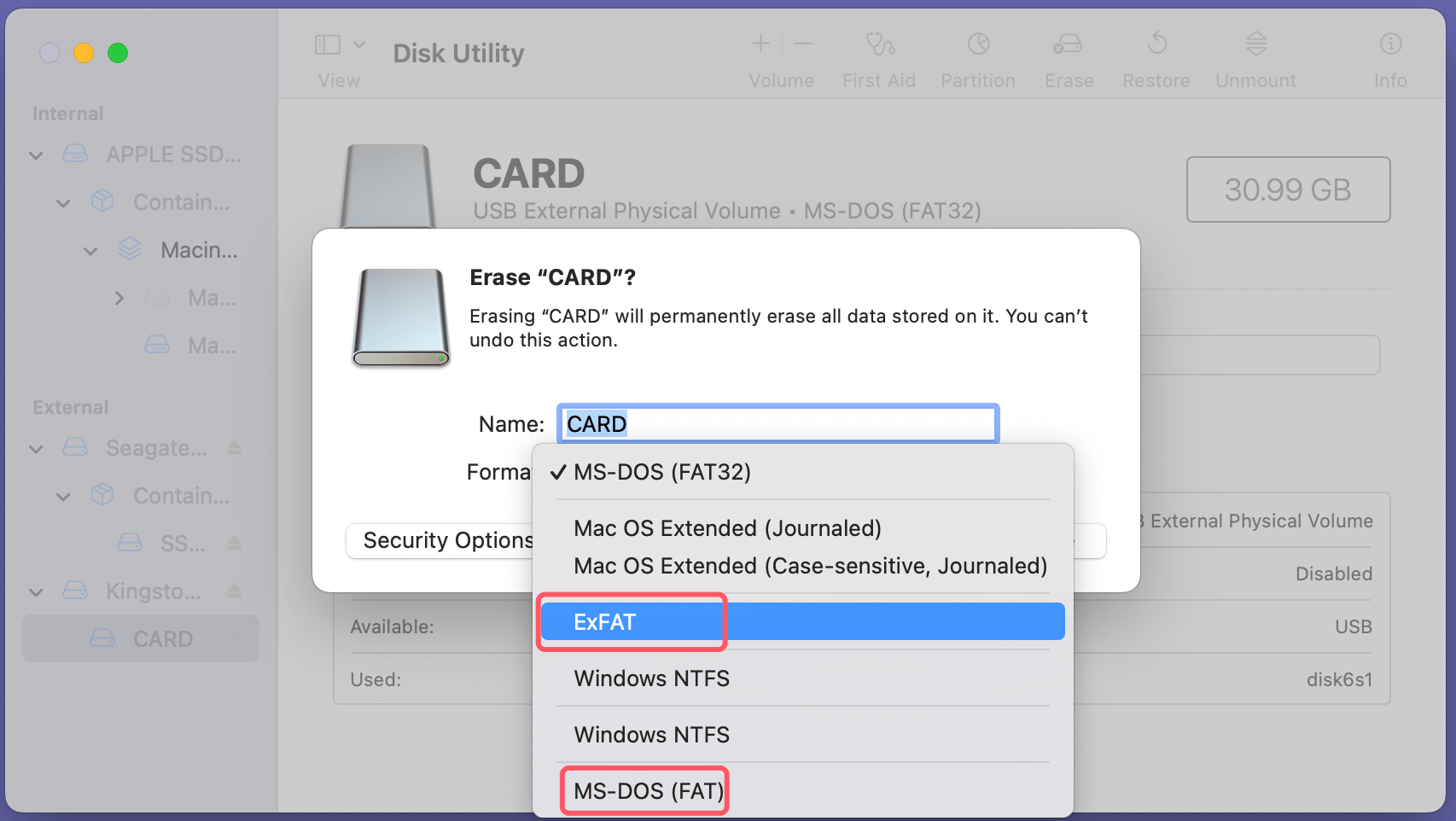 format an SD card to ExFAT or FAT32 on a Mac