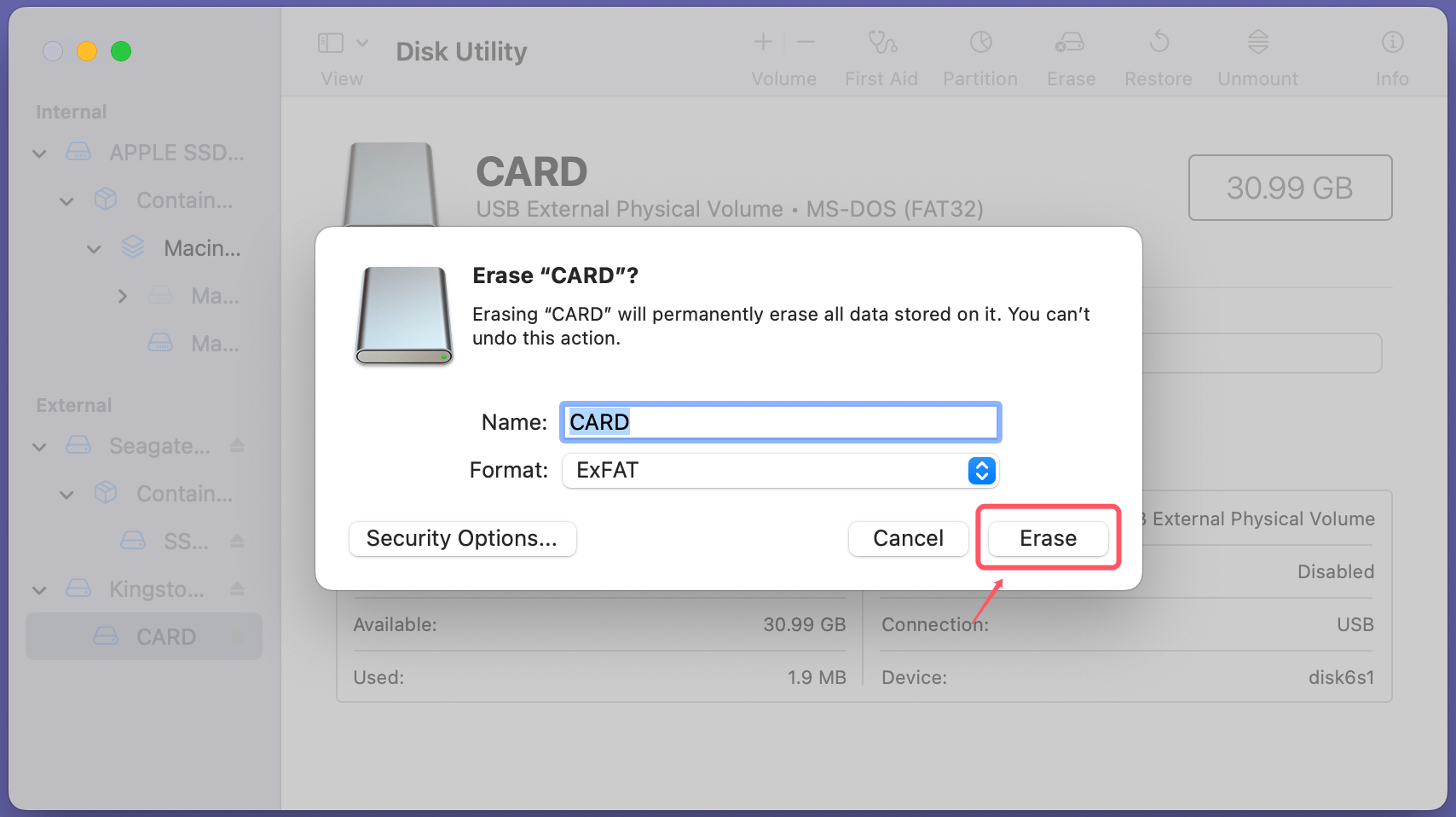 format an SD card to ExFAT or FAT32 on a Mac