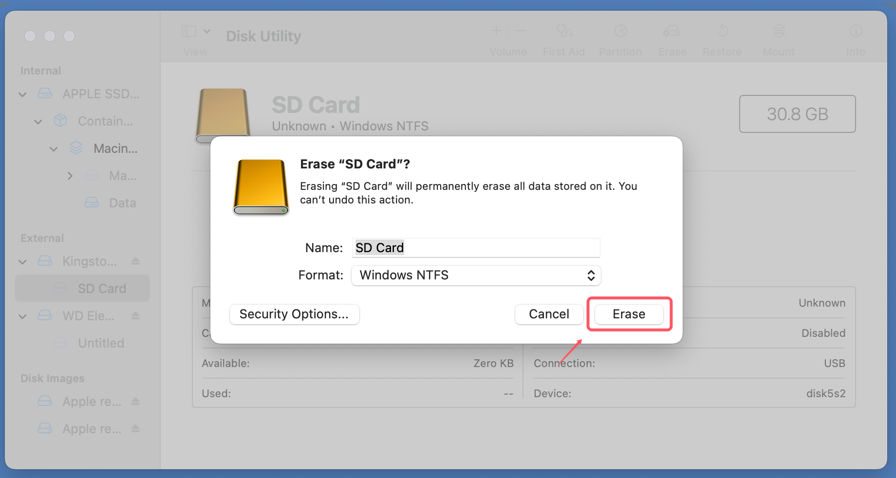 formatting an SD card to NTFS on a Mac