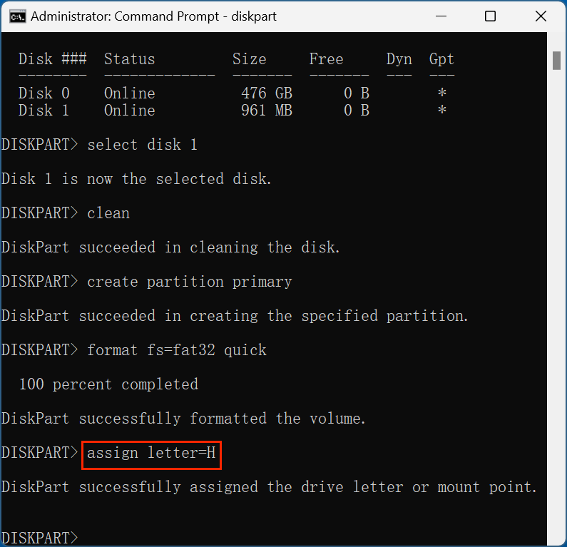 formatting a USB flash drive using CMD's diskpart tool