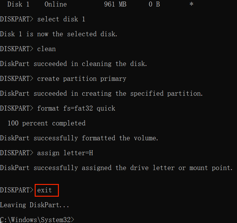 formatting a USB flash drive using CMD's diskpart tool
