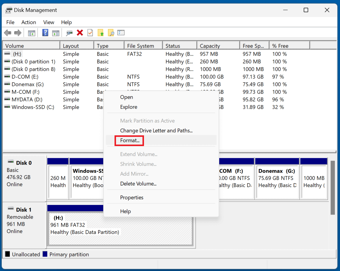 formatting a USB flash drive using CMD's diskpart tool