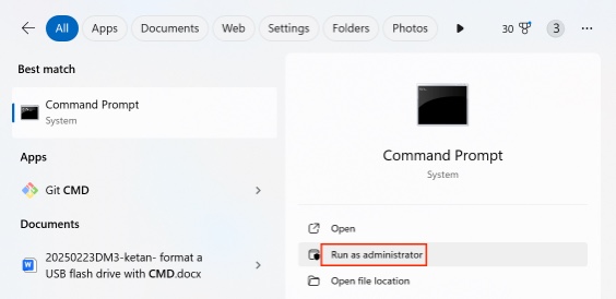 formatting a USB flash drive using CMD's diskpart tool