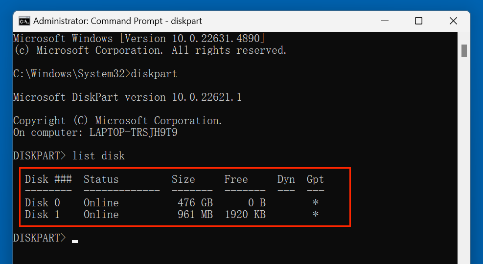 formatting a USB flash drive using CMD's diskpart tool