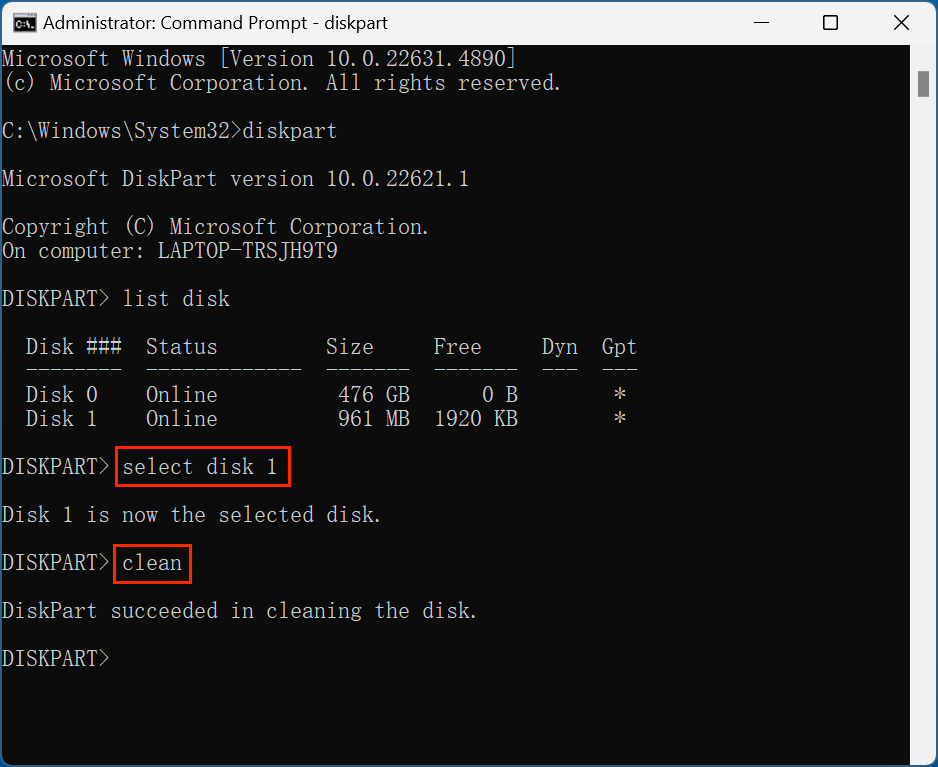 formatting a USB flash drive using CMD's diskpart tool