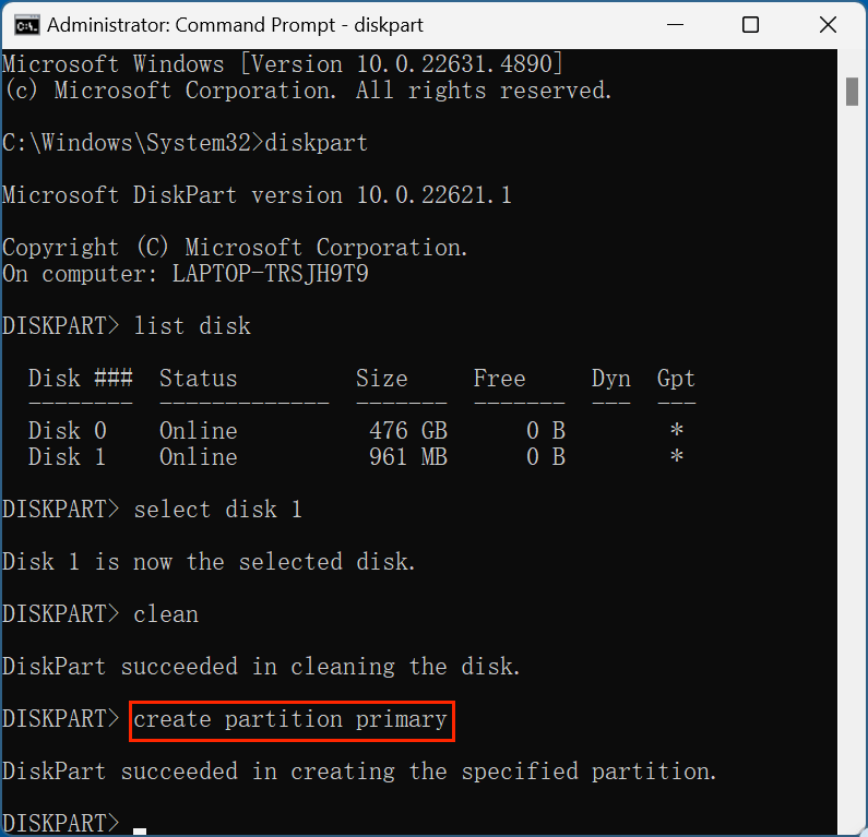 formatting a USB flash drive using CMD's diskpart tool