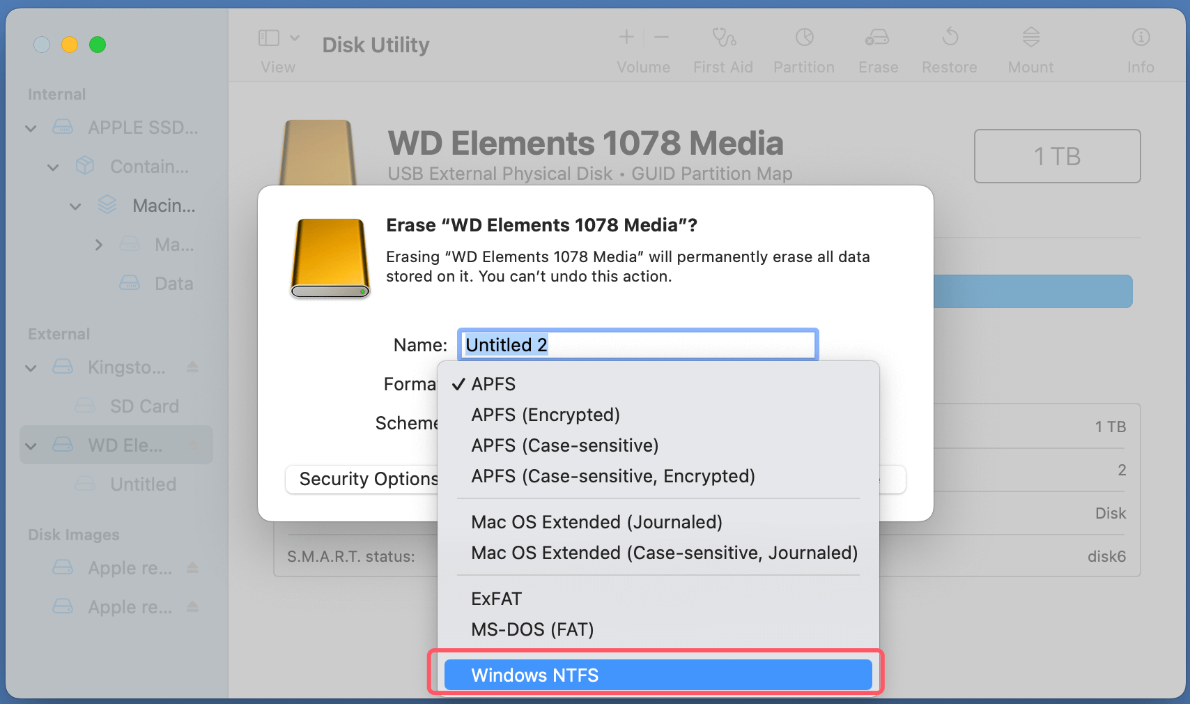 formatting a Seagate or WD external hard drive to NTFS on macOS