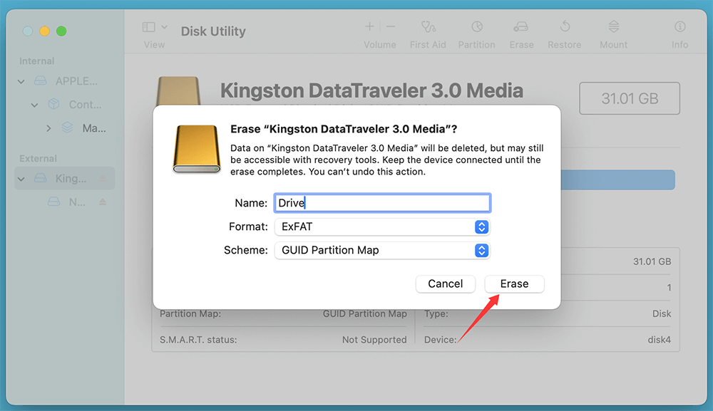 Click Erase to reformat the entire drive